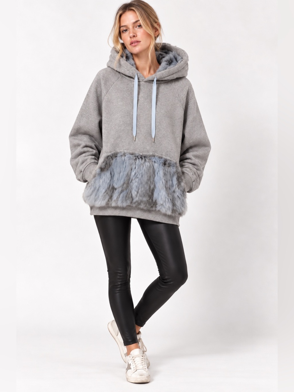 Jocelyn Grey Rabbit Fur Trim Oversized Hoodie Size S